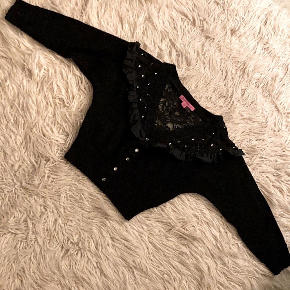 Betsey Johnson black Cashmere blend cardigan with lace and rhinestones sz s